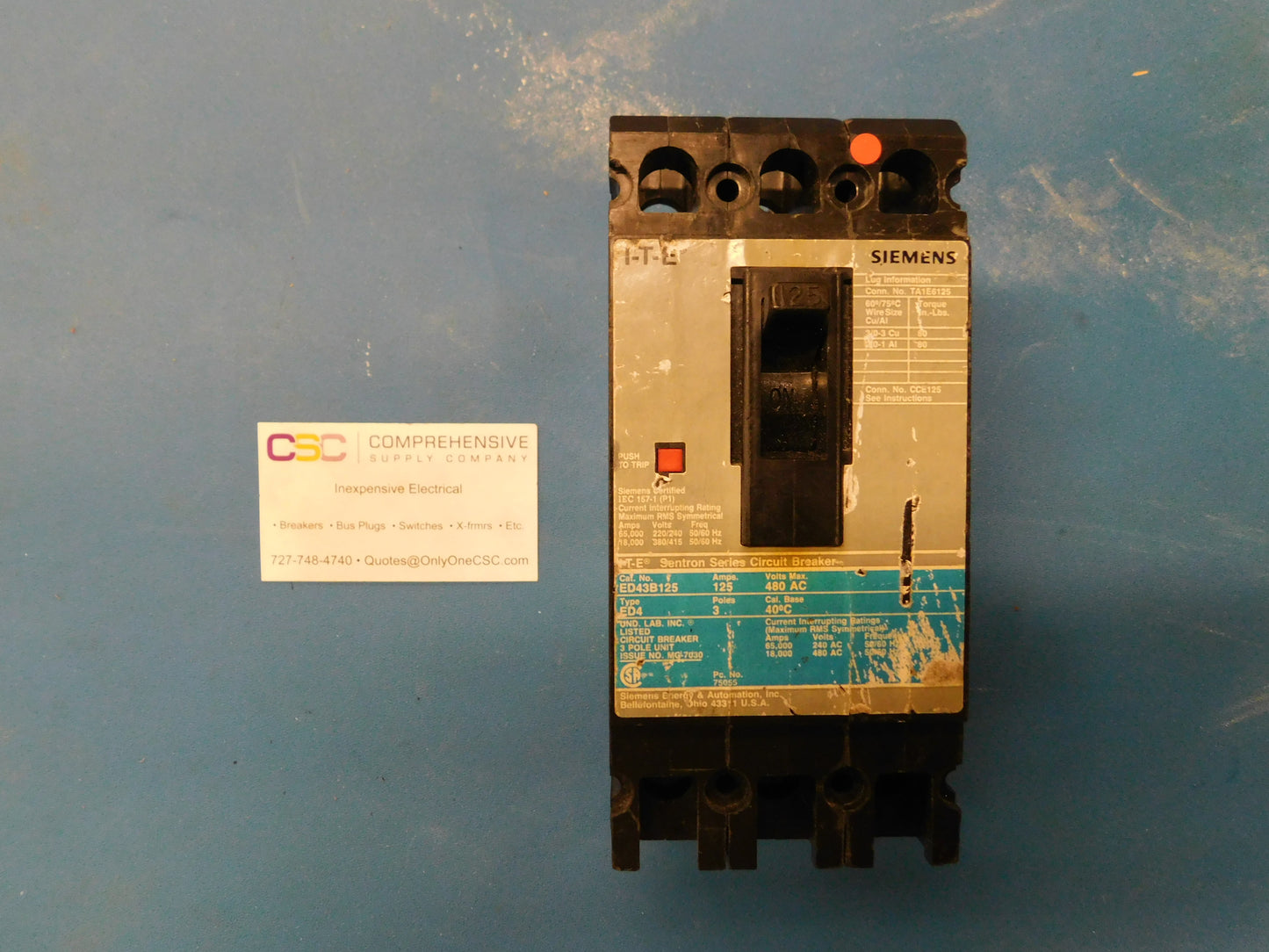 ED43B125 - Siemens 125A Amp 3P Pole 18kA@480V Feed Through Circuit Breaker W/Gray Label