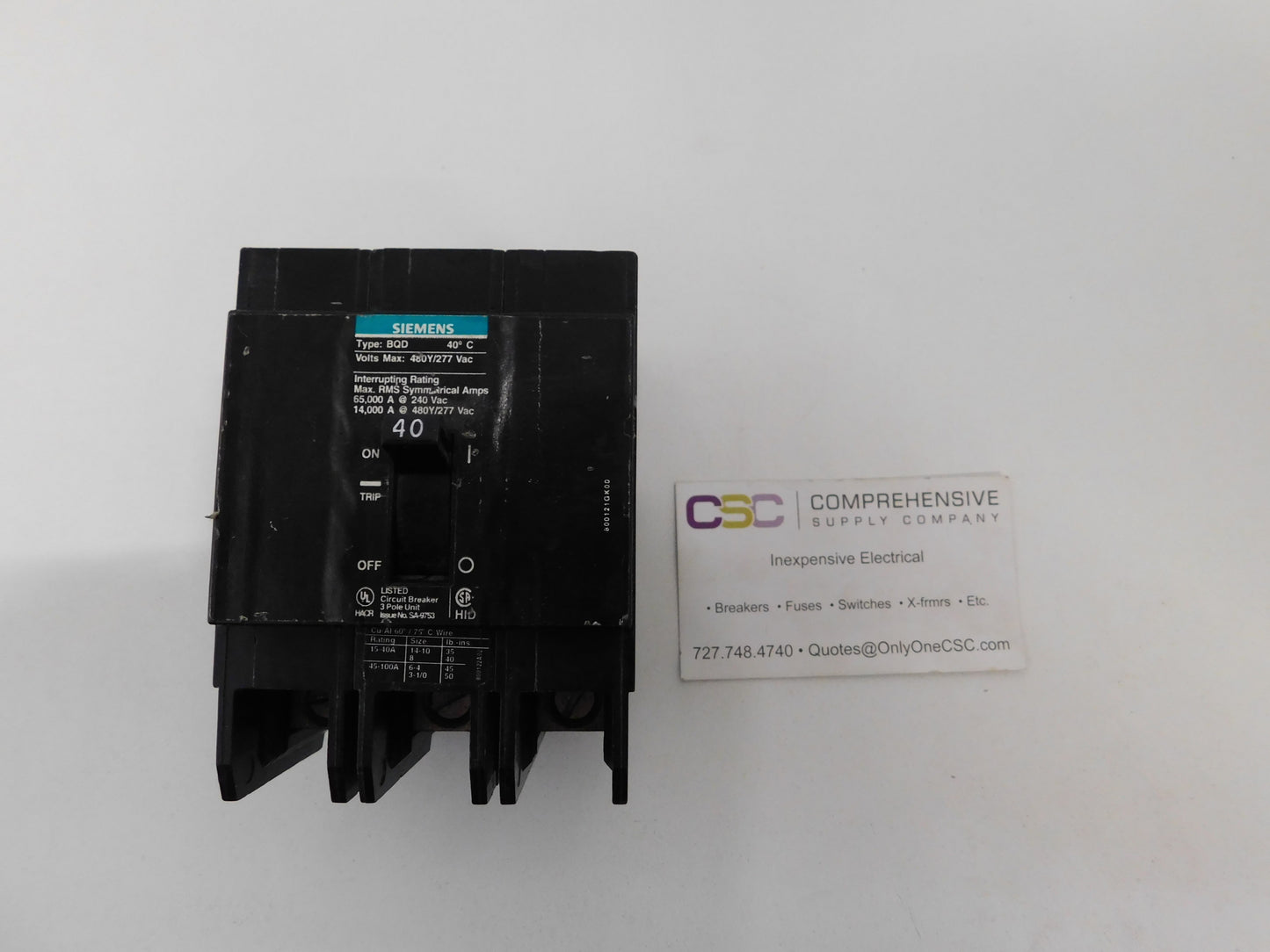 BQD340 - Siemens 40A Amp 3P Pole 14kA@480Y/277V Bolt On Black Circuit Breaker