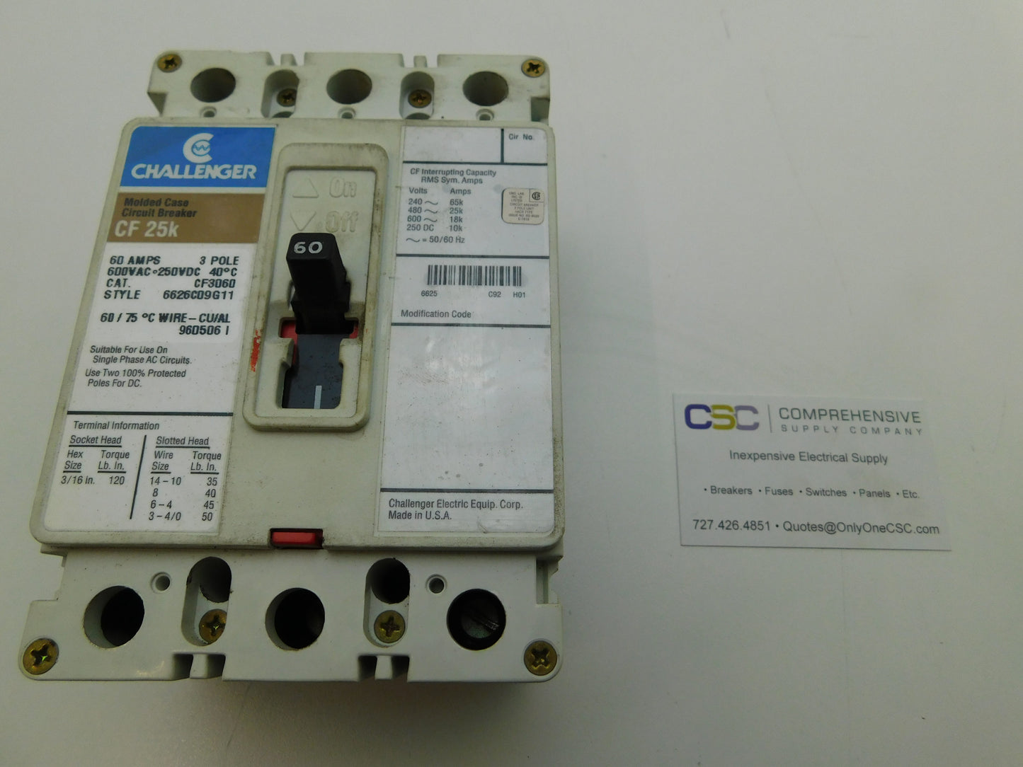 CF3060 - Challenger 60A Amp 3P Pole 600V 25kA@480V Bolt On Circuit Breaker