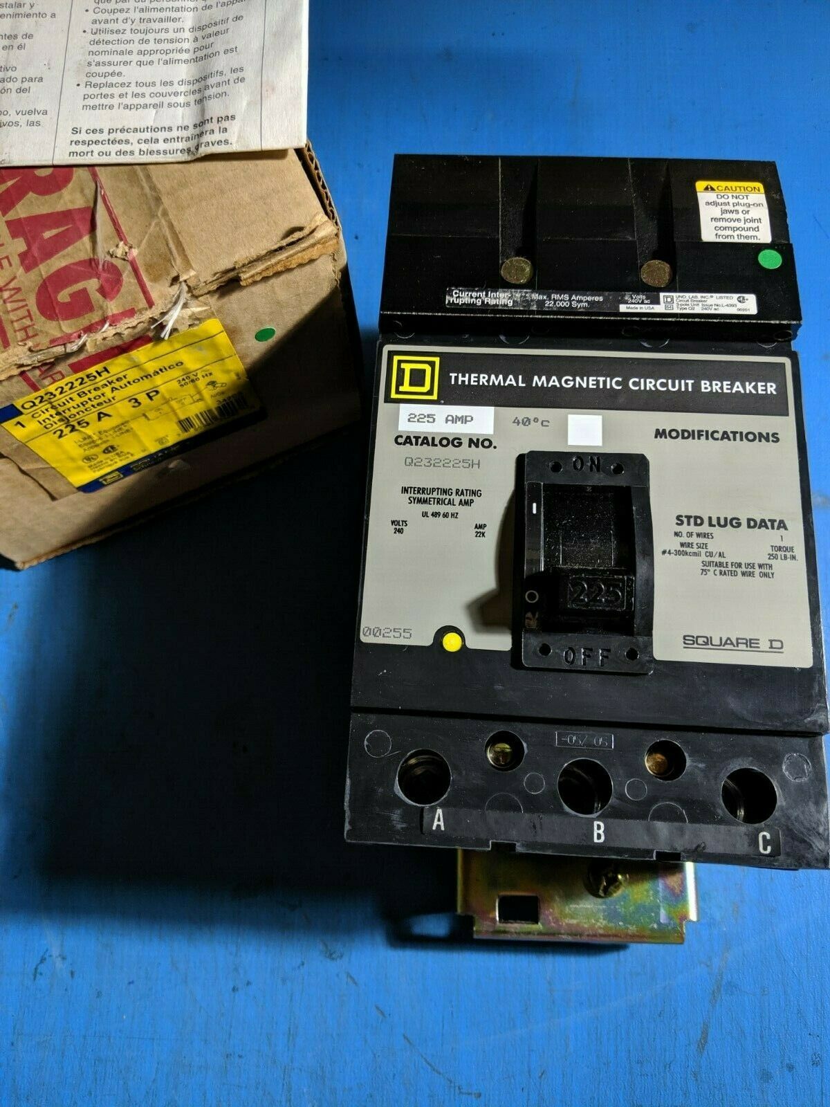 Q232225H - Square D 225A Amp 3P Pole 22kA@240V I-Line Plug On Circuit Breaker W/Gray Label