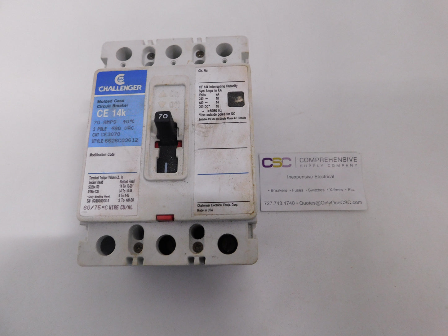 CE3070 - Challenger 70A Amp 3P Pole 14kA@480V Bolt On Circuit Breaker