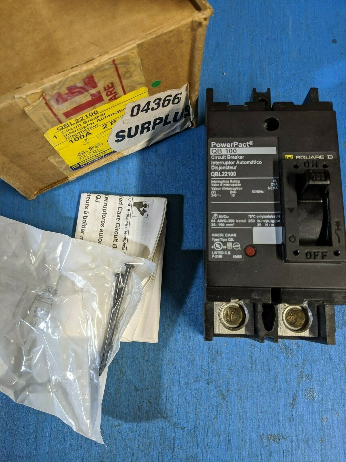 QBL22100 - Square D 100A Amp 2P Pole 10kA@240V Feed Through Powerpact Circuit Breaker