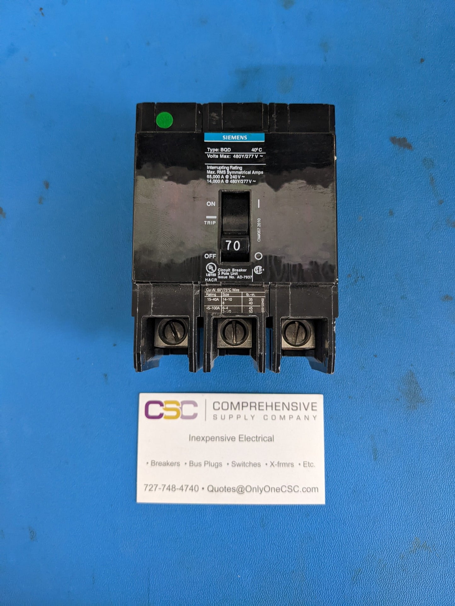 BQD370 - Siemens 70A Amp 3P Pole 14kA@480Y/277V Bolt On Circuit Breaker