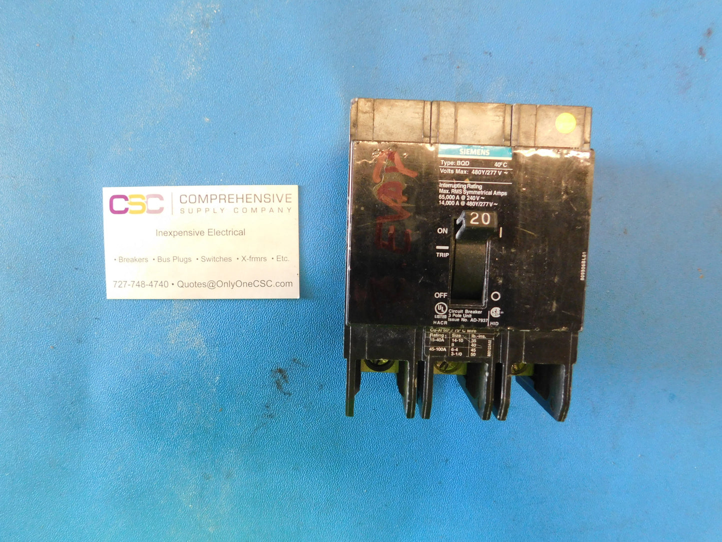 BQD320 - Siemens 20A Amp 3P Pole 14kA@480Y/277V Bolt On Circuit Breaker