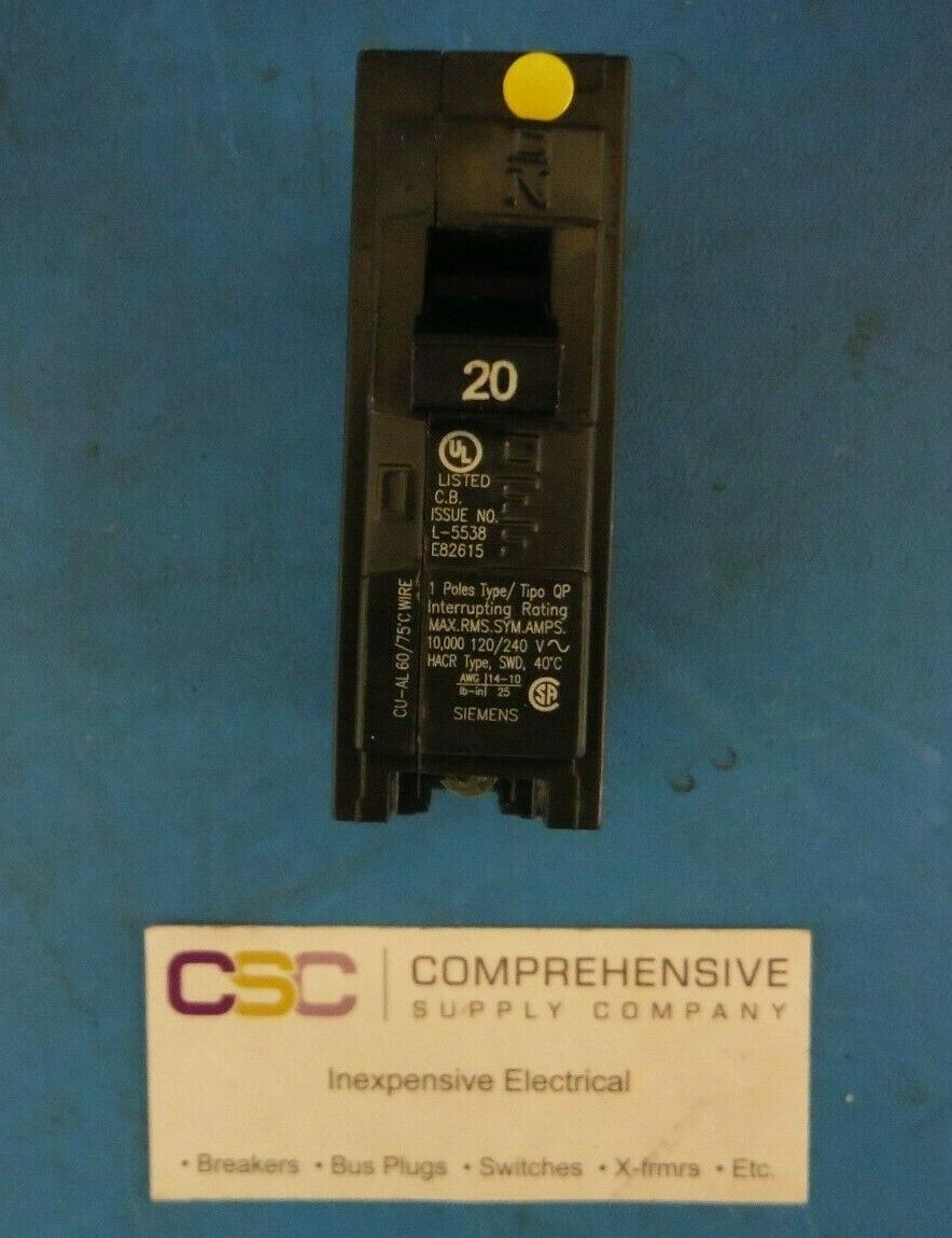 Q120 - Siemens 20A Amp 1P Pole 10kA@120/240V Plug On Circuit Breaker