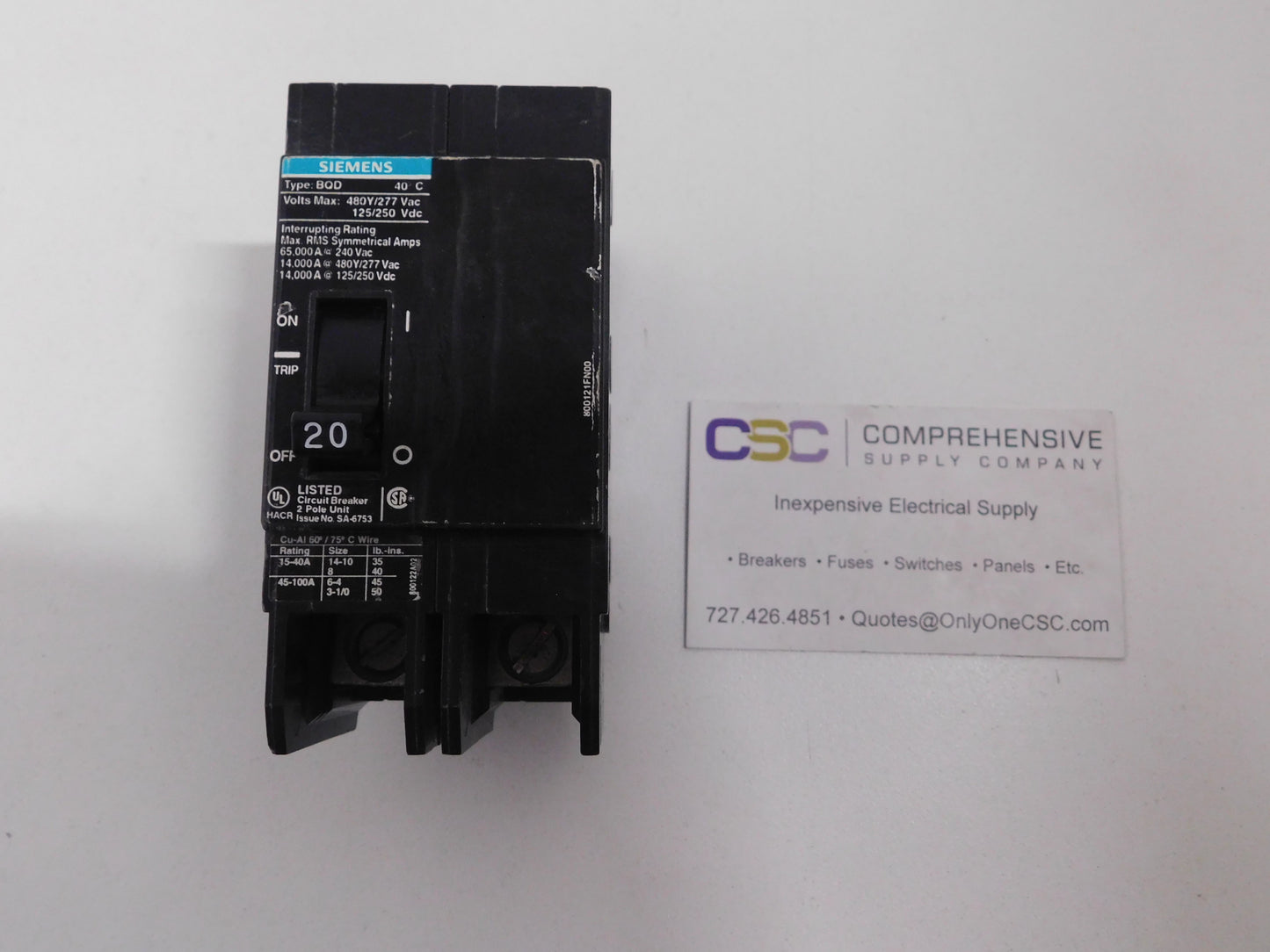 BQD220 - Siemens 20A Amp 2P Pole 14kA@480Y/277V Bolt On Black Circuit Breaker