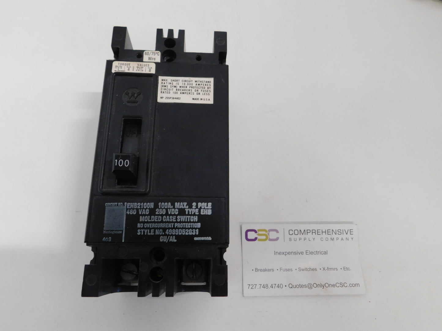 EHB2100N - Westinghouse 100A Amp 2P Pole 10kA@480V Bolt On Circuit Breaker