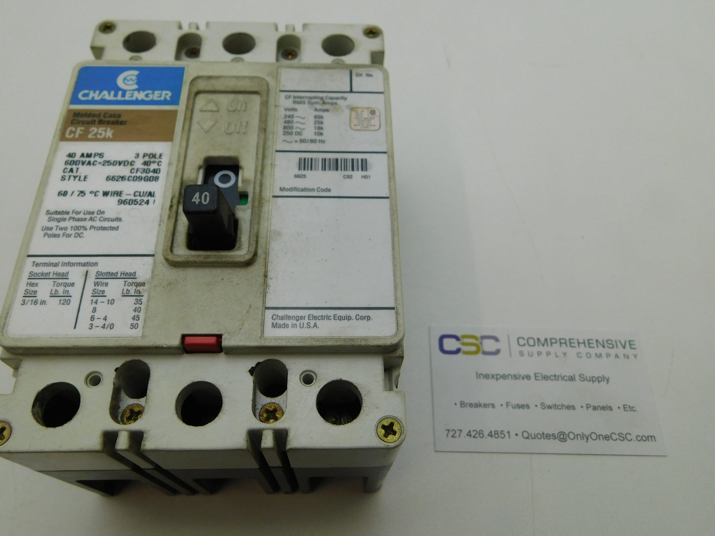 CF3040 - Challenger 40A Amp 3P Pole 600V 25kA@480V Bolt On Circuit Breaker