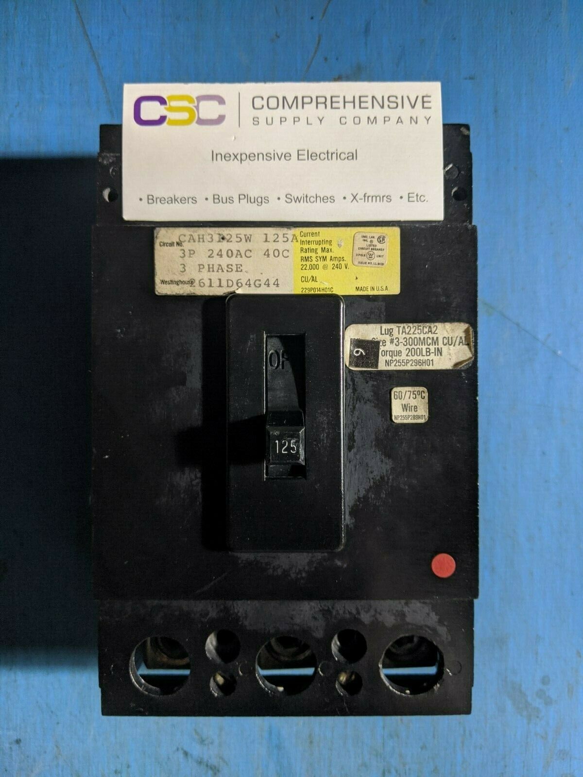 CAH3125W - Westinghouse 125A Amp 3P Pole 22kA@240V Bolt On Circuit Breaker