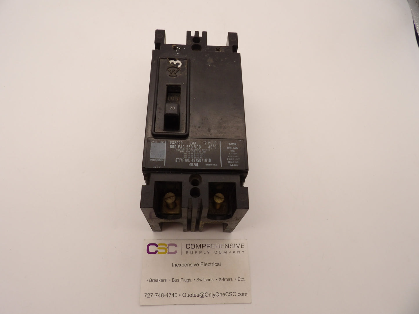 FB2020 - Westinghouse 20A Amp 2P Pole 600V 14kA@480V Bolt On Circuit Breaker