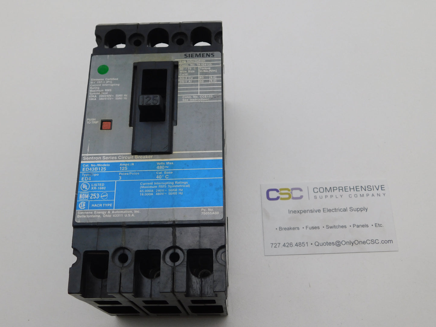 ED43B125 - Siemens 125A Amp 3P Pole 18kA@480V Feed Through Circuit Breaker W/Gray Label