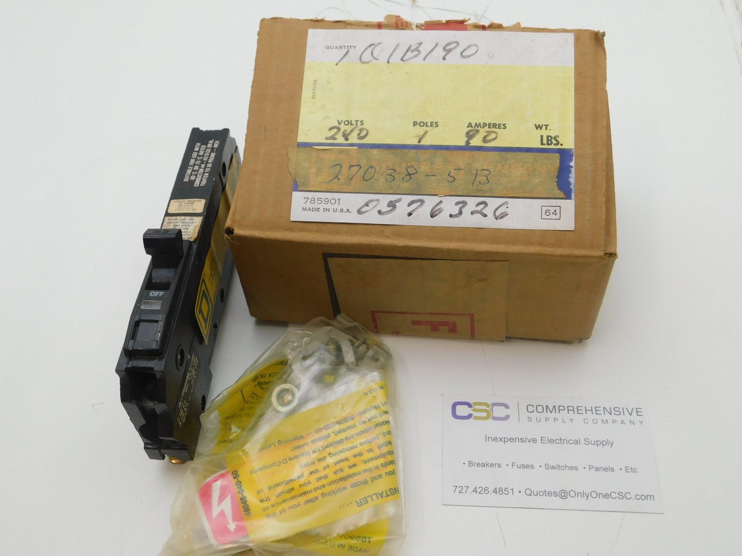 Q1B190 - Square D 90A Amp 1P Pole 10kA@120V Bolt On Circuit Breaker