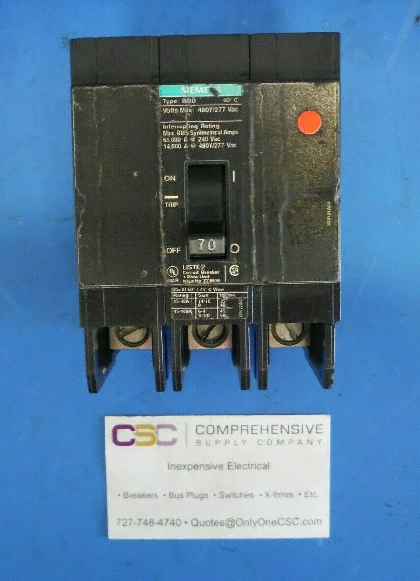 BQD370 - Siemens 70A Amp 3P Pole 14kA@480Y/277V Bolt On Black Circuit Breaker
