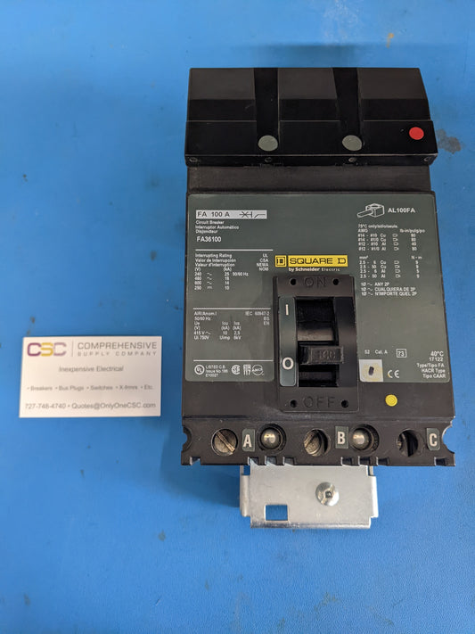 FA36100 - Square D 100A Amp 3P Pole 600V 18kA@480V I-Line Plug On Circuit Breaker W/Green Label