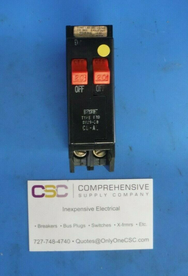 BD2020 - Bryant 20/20A Amp 2X1P Pole 10kA@120/240V Plug On Duplex Circuit Breaker W/Red Handle