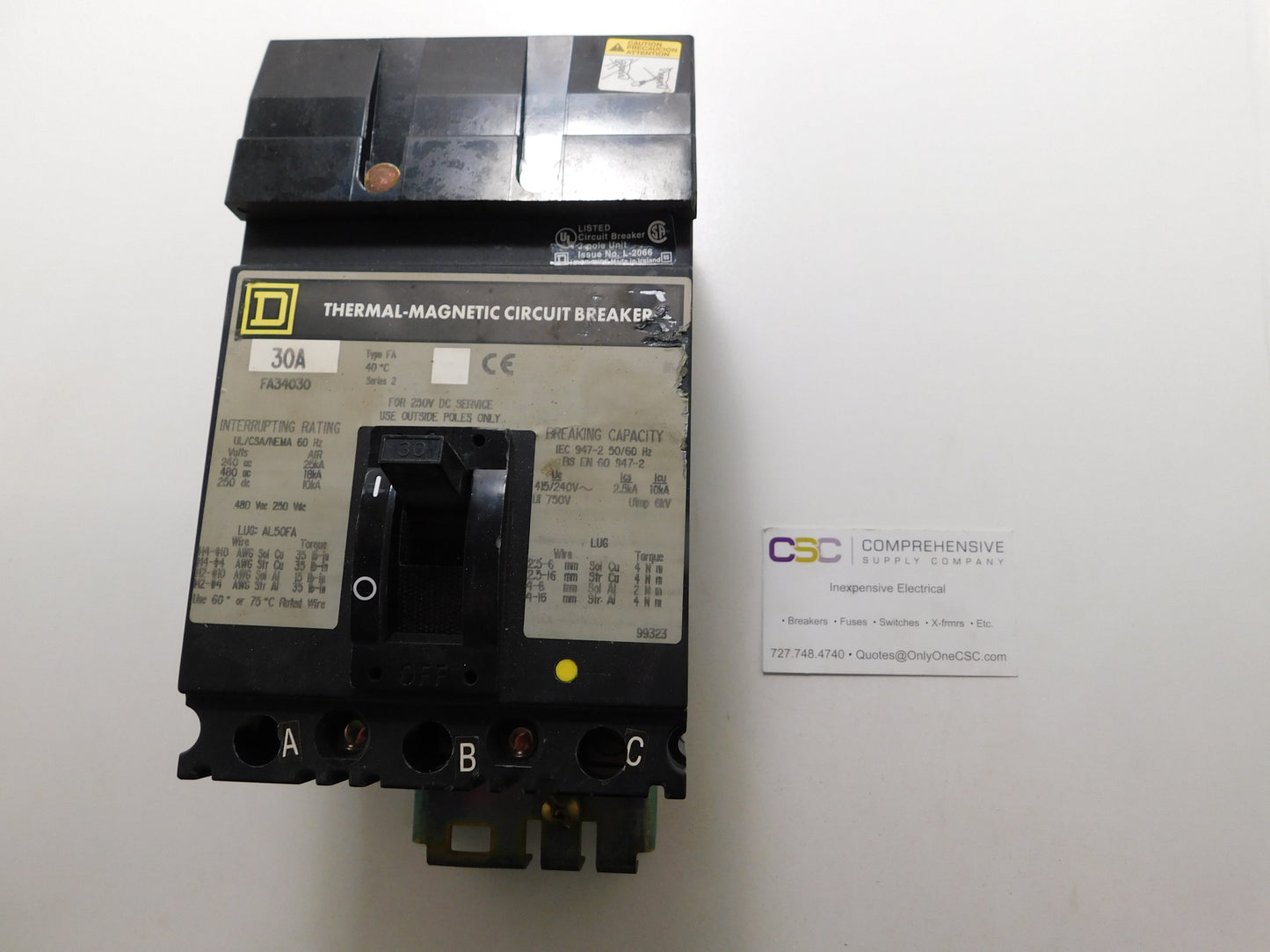 FA34030 - Square D 30A Amp 3P Pole 18kA@480V I-Line Plug On Circuit Breaker W/Gray Label