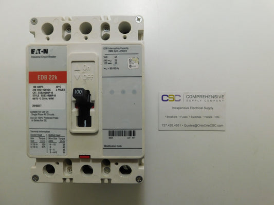 EDB3100 - Eaton 100A Amp 3P Pole 22kA@240V Bolt On Circuit Breaker W/Red Label