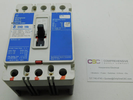 EHD3100 - Westinghouse 100A Amp 3P Pole 14kA@480V Feed Through Circuit Breaker W/Blue Label