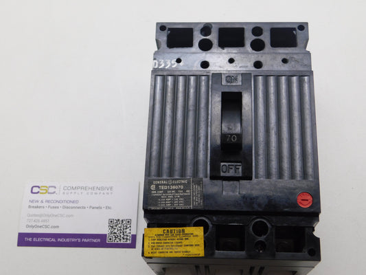 TED136070 - GE 70A Amp 3P Pole 600V 14kA@480V Bolt On Circuit Breaker - Older Series