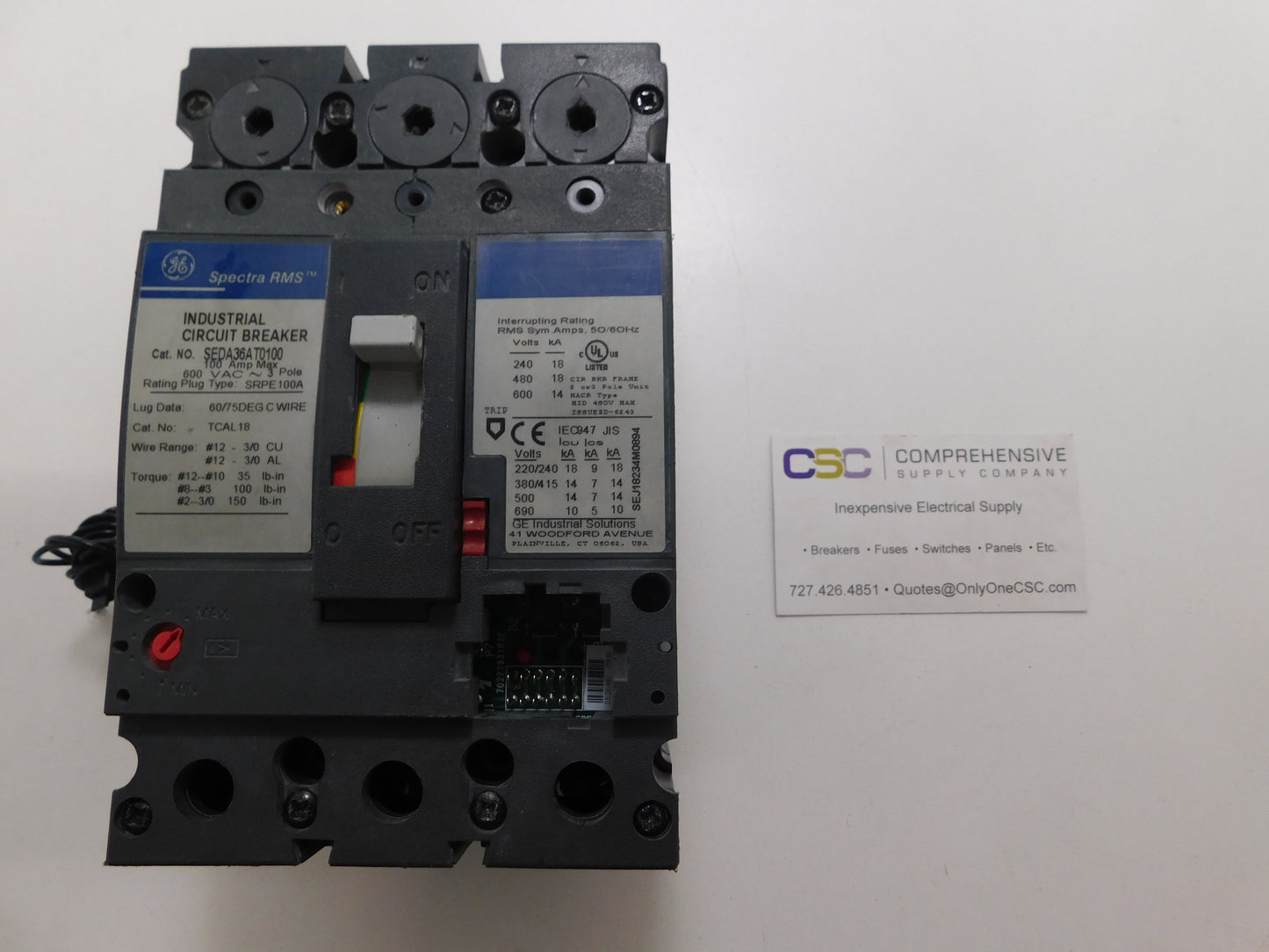 SEDA36AT0100 - GE 100A Amp 3P Pole 600V 18kA@480V Bolt On Circuit Breaker W/Shunt Trip