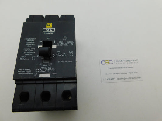 EJB34080 - Square D 80A Amp 3P Pole 65kA@480Y/277V Bolt On Circuit Breaker