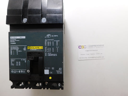 FA36050 - Square D 50A Amp 3P Pole 600V 18kA@480V I-Line Plug On Circuit Breaker W/Green Label