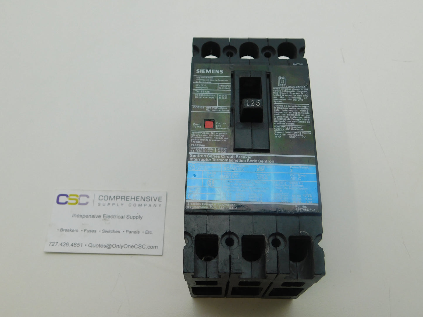 ED63B125 - Siemens 125A Amp 3P Pole 600V 25kA@480V Feed Through Circuit Breaker W/Black Label