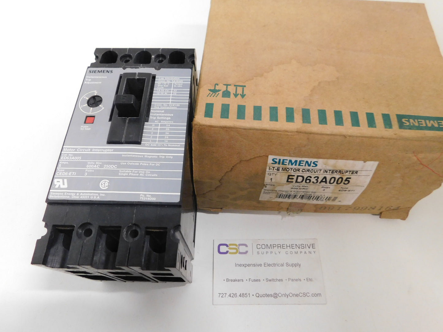 ED63A005 - Siemens 5A Amp 3P Pole 600V 25kA@480V Bolt On Circuit Breaker W/Gray Label