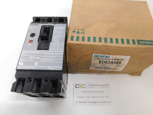 ED63A005 - Siemens 5A Amp 3P Pole 600V 25kA@480V Bolt On Circuit Breaker W/Gray Label