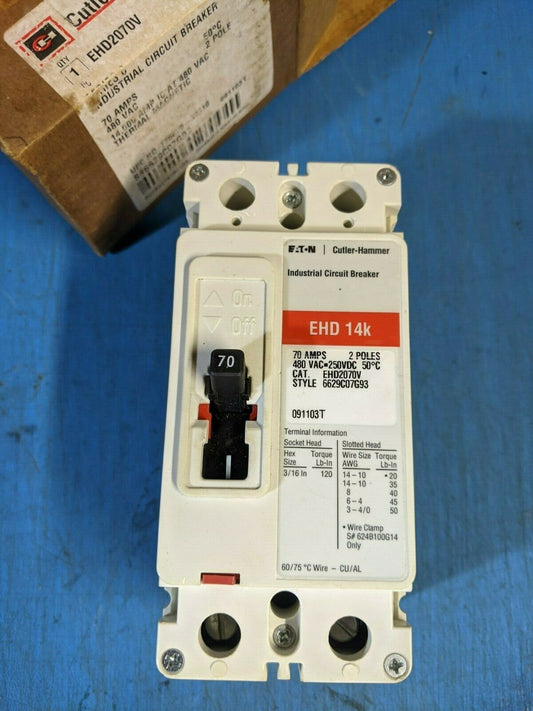 EHD2070V - Eaton 70A Amp 2P Pole 14kA@480V Feed Through Circuit Breaker W/Red Label