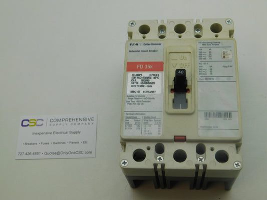 FD3040 - Cutler Hammer 40A Amp 3P Pole 600V 35kA@480V Bolt On Circuit Breaker W/Red Label