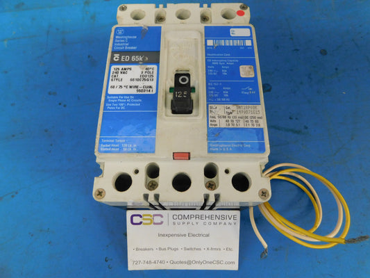 ED3125 - Westinghouse 125A Amp 3P Pole 65kA@240V Feed Through Circuit Breaker W/Blue Label & Shunt Trip