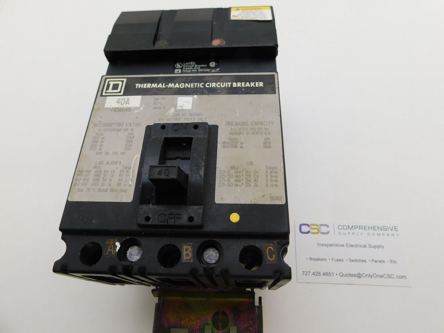 FA36040 - Square D 40A Amp 3P Pole 600V 18kA@480V I-Line Plug On Circuit Breaker W/Gray Label