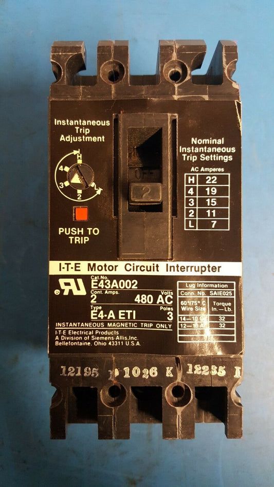 E43A002 - ITE 2A Amp 3P Pole 18kA@480V Bolt On Circuit Breaker