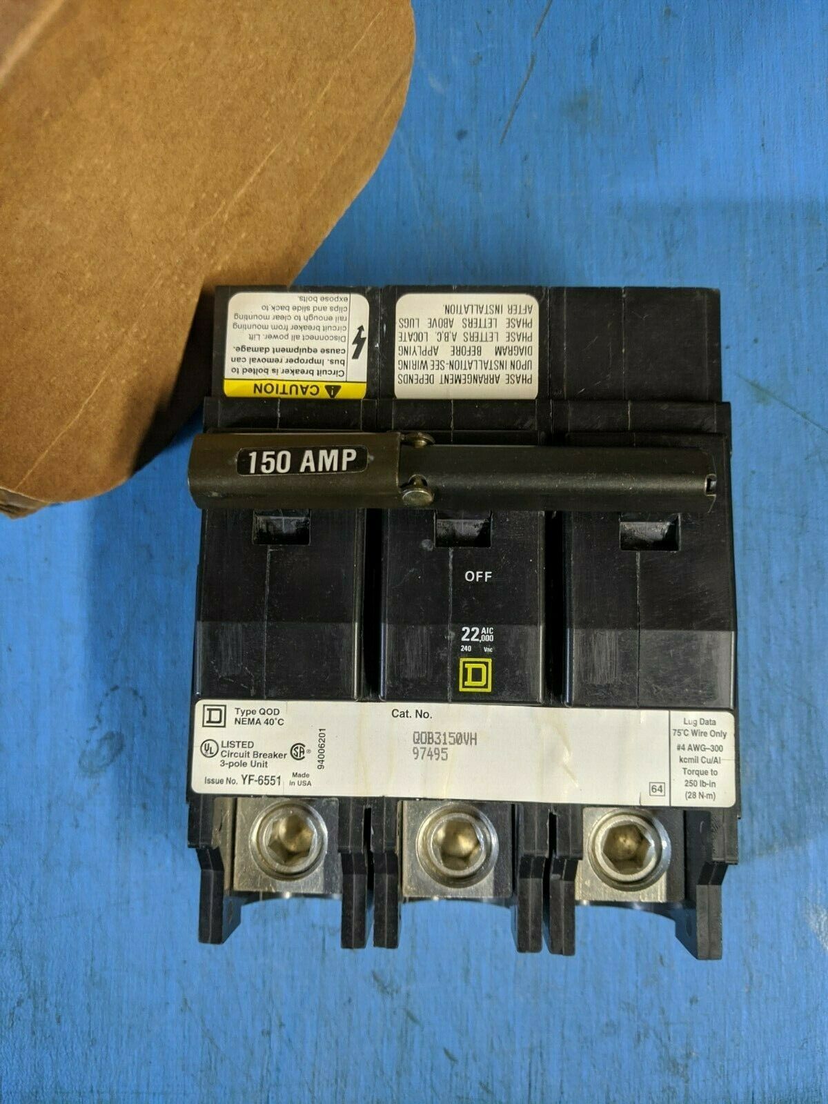QOB3150VH - Square D 150A Amp 3P Pole 22kA@240V Bolt On Circuit Breaker