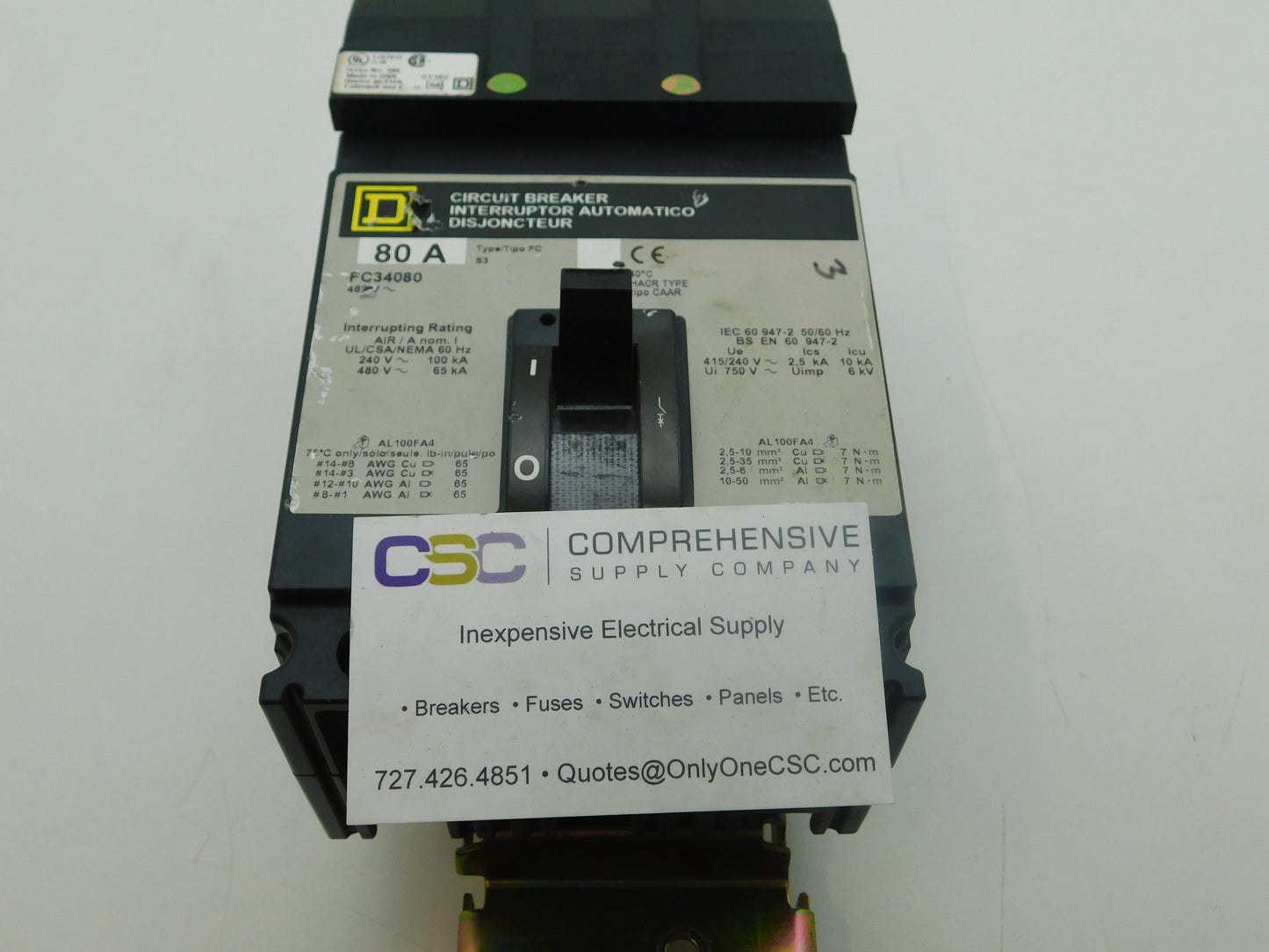 FC34080 - Square D 80A Amp 3P Pole 65kA@480V I-Line Plug On Circuit Breaker W/Gray Label