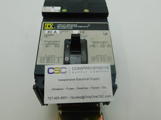 FC34080 - Square D 80A Amp 3P Pole 65kA@480V I-Line Plug On Circuit Breaker W/Gray Label