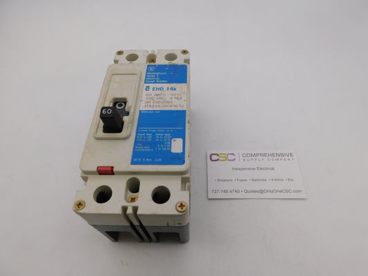 EHD2060 - Westinghouse 60A Amp 2P Pole 14kA@480V Feed Through Circuit Breaker W/Blue Label