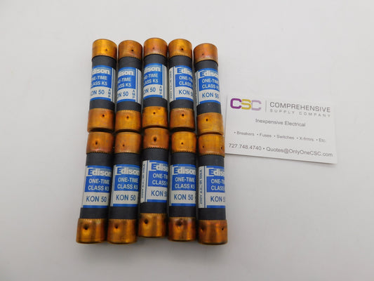 KON-50 - Edison 50A Amp 250V Class K5 One-Time Cartridge Fuse - 10 Pack
