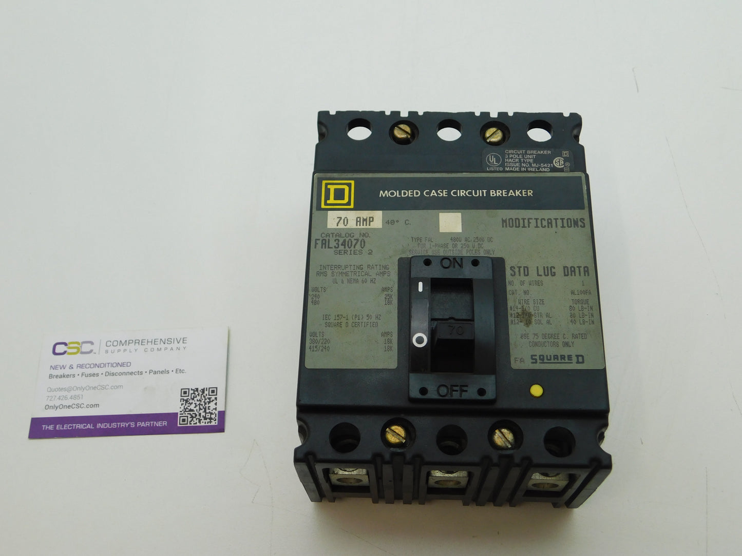 FAL34070 - Square D 70A Amp 3P Pole 18kA@480V Bolt On Circuit Breaker W/Gray Label
