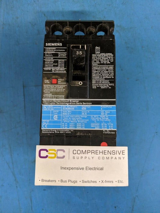 ED63B035 - Siemens 35A Amp 3P Pole 600V 25kA@480V Feed Through Circuit Breaker W/Black Label