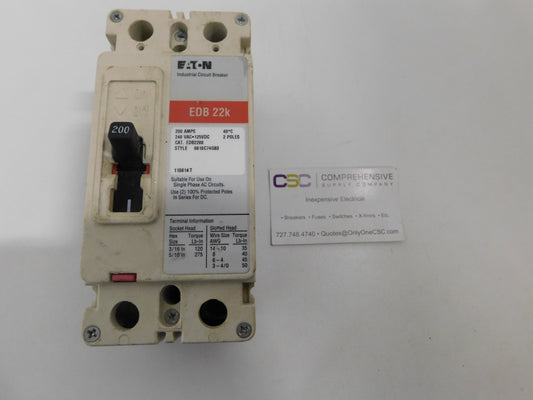 EDB2200 - Eaton 200A Amp 2P Pole 22kA@240V Bolt On Circuit Breaker W/Red Label