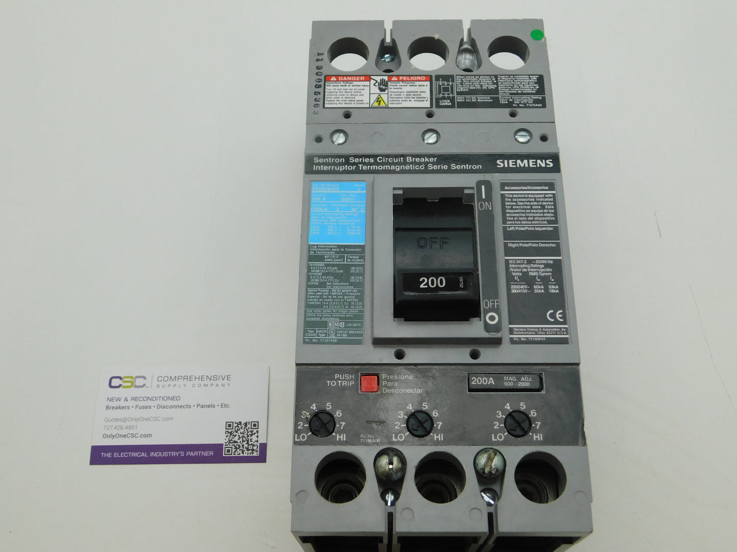 FXD63B200 - Siemens 200A Amp 3P Pole 600V 35kA@480V Bolt On Sentron Circuit Breaker W/Black Label
