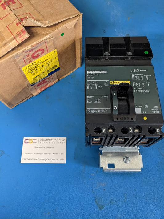 FA34030 - Square D 30A Amp 3P Pole 18kA@480V I-Line Plug On Circuit Breaker W/Green Label