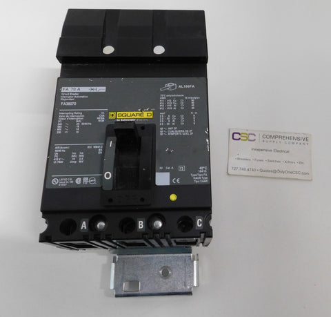 FA36070 - Square D 70A Amp 3P Pole 600V 18kA@480V I-Line Plug On Circuit Breaker W/Green Label