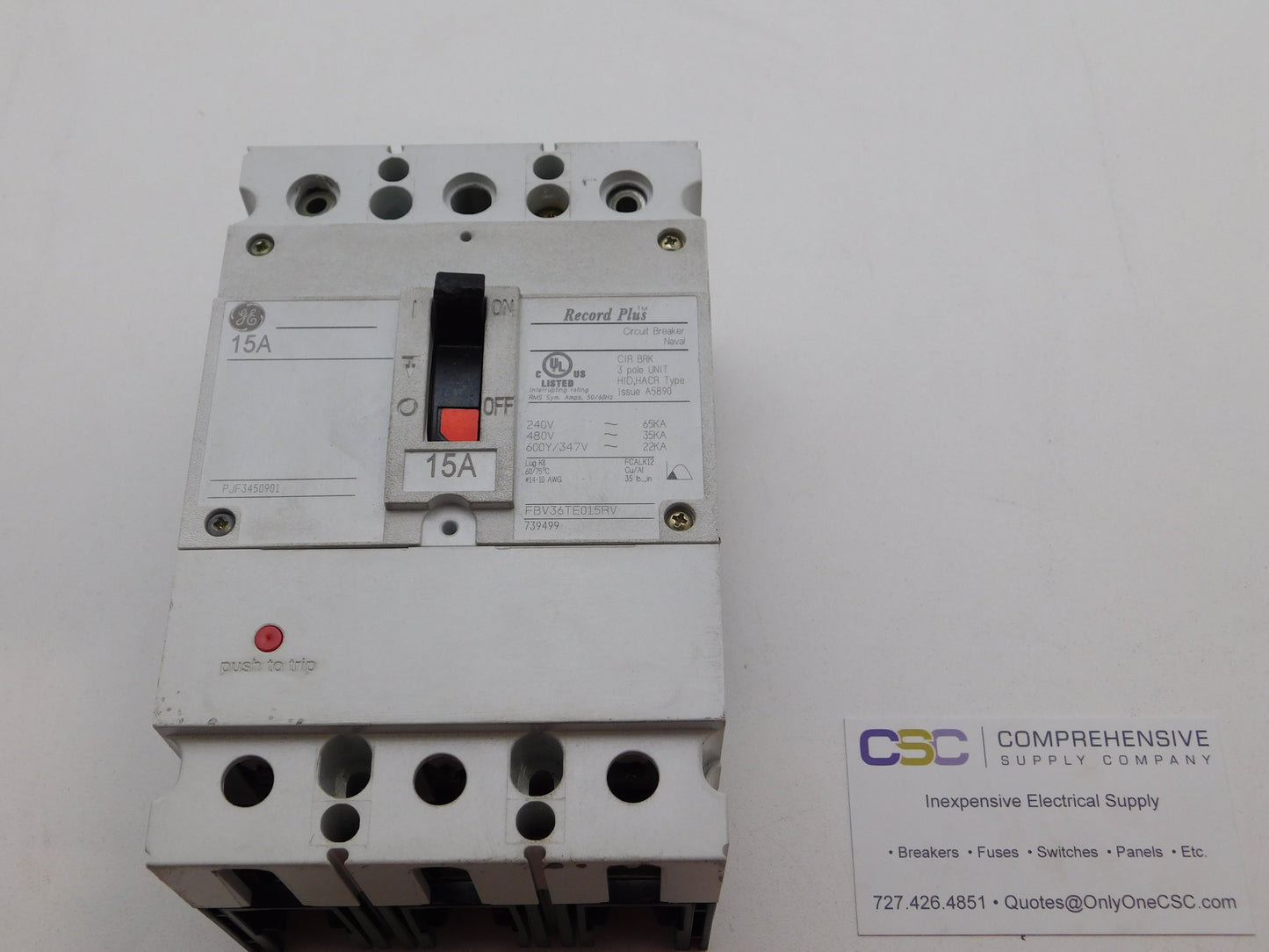 FBV36TE015RV - GE 15A Amp 3P Pole 600V 35kA@480V Feed Through Record Plus Circuit Breaker