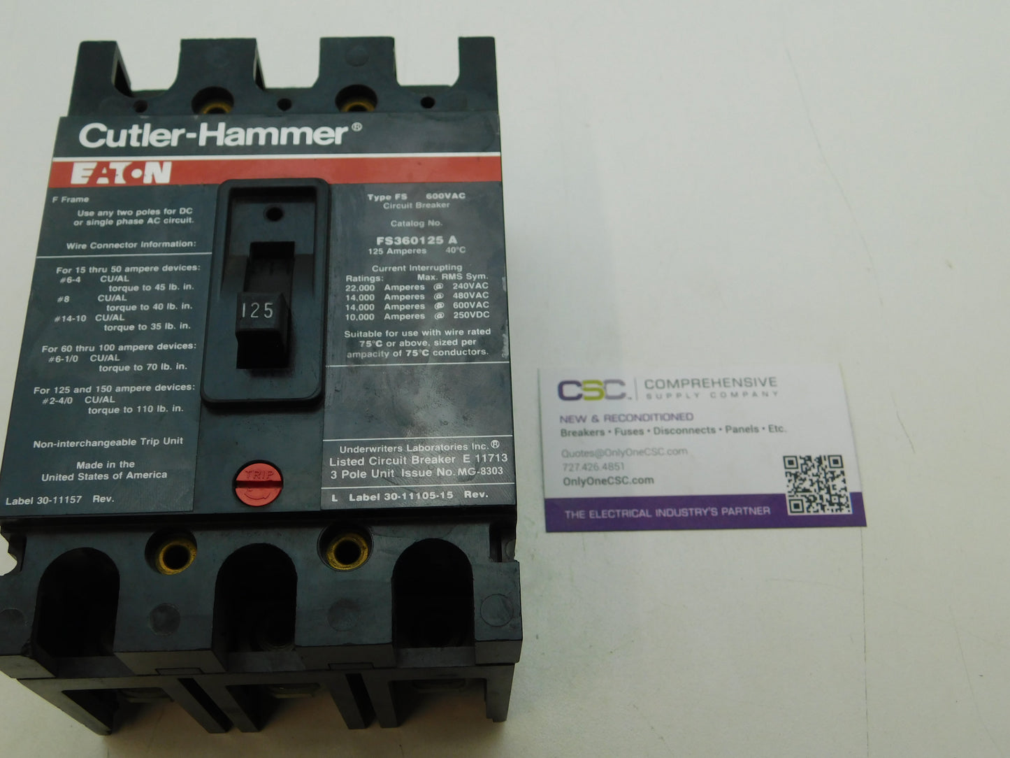 FS360125A - Cutler Hammer 125A Amp 3P Pole 600V 14kA@480V Feed Through Circuit Breaker
