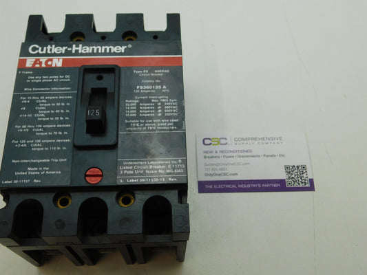 FS360125A - Cutler Hammer 125A Amp 3P Pole 600V 14kA@480V Feed Through Circuit Breaker