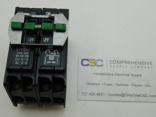 BQ230230 - Bryant 30/30/30/30A Amp 4P (2P/2P) Pole 10kA@120/240V Plug On Quadplex Circuit Breaker W/Green Handle