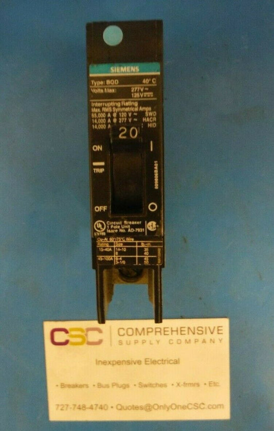 BQD120 - Siemens 20A Amp 1P Pole 120/277V 14kA@277V Bolt On Black Circuit Breaker